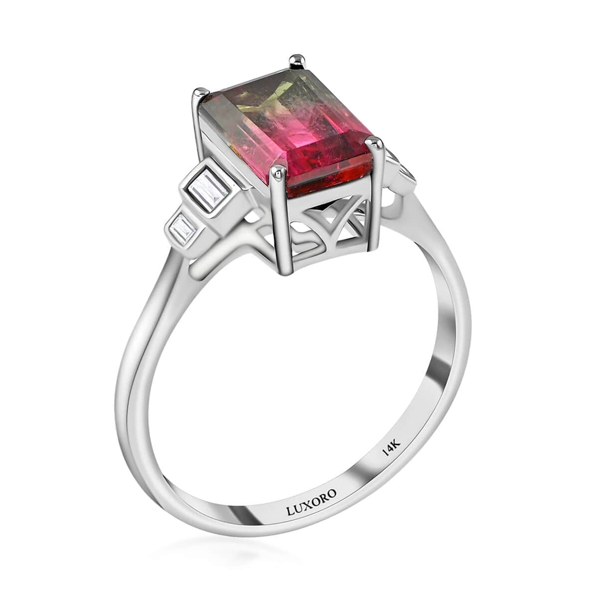 Certified and Appraised LUXORO 14K White Gold AAA Bi-Color Tourmaline and G-H I2 Diamond Ring 2.60 Grams 2.52 ctw image number 3