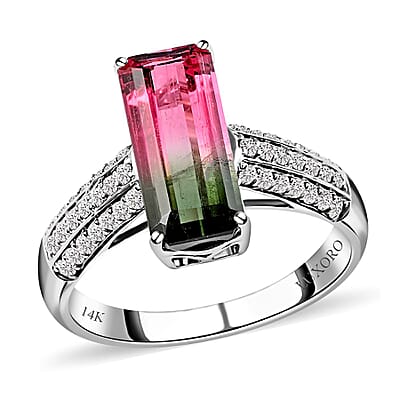 Certified and Appraised Luxoro 14K White Gold AAA Bi-Color Tourmaline and G-H I2 Diamond Ring 2.65 Grams (Size 10.0) 2.86 ctw