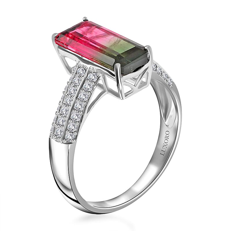 Certified and Appraised Luxoro 14K White Gold AAA Bi-Color Tourmaline and G-H I2 Diamond Ring 2.65 Grams (Size 10.0) 2.86 ctw
