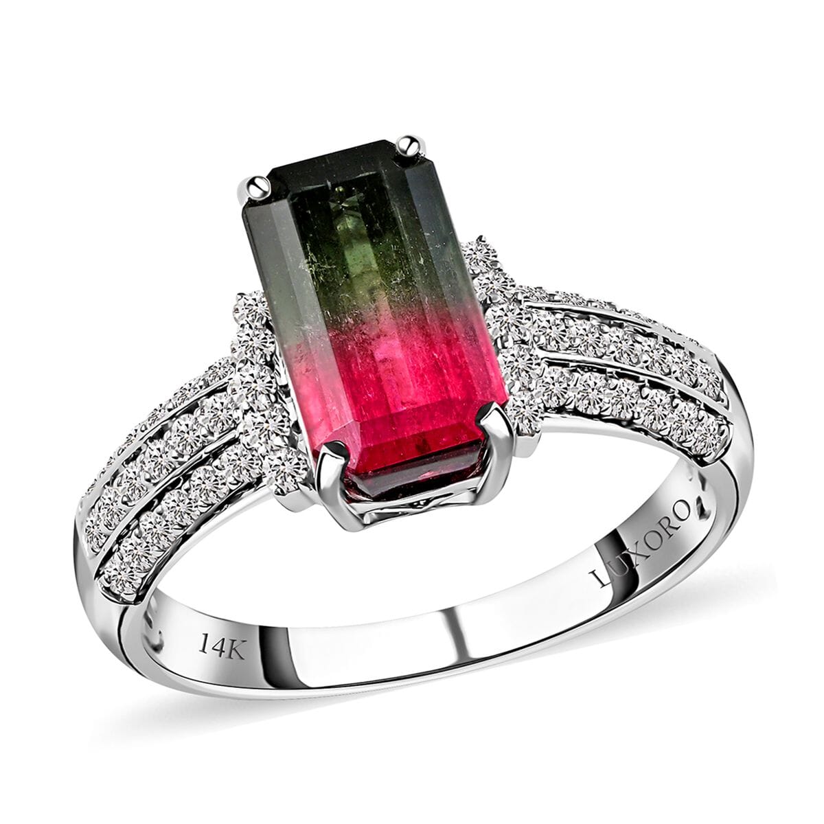 Certified and Appraised LUXORO 14K White Gold AAA Bi-Color Tourmaline and G-H I2 Diamond Ring 2.80 Grams 3.01 ctw image number 0