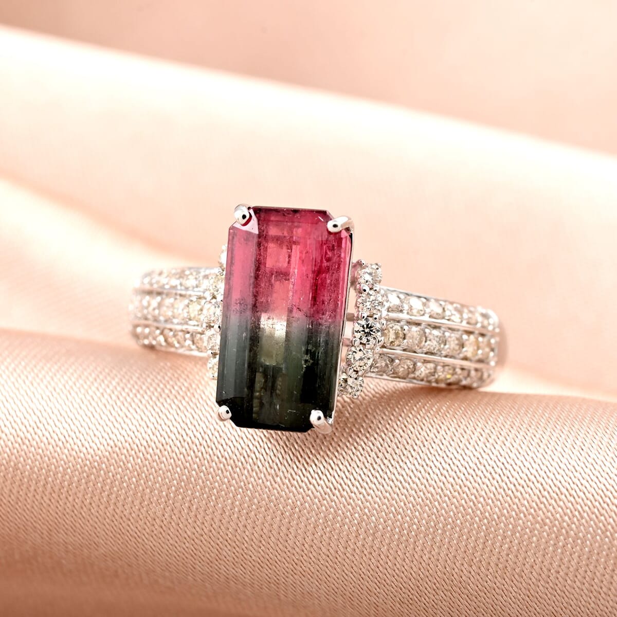 Certified and Appraised LUXORO 14K White Gold AAA Bi-Color Tourmaline and G-H I2 Diamond Ring 2.80 Grams 3.01 ctw image number 1
