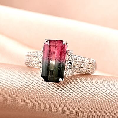 Certified & Appraised Luxoro 14K White Gold AAA Bi-Color Tourmaline and G-H I2 Diamond Ring (Size 10.0) 3.00 ctw
