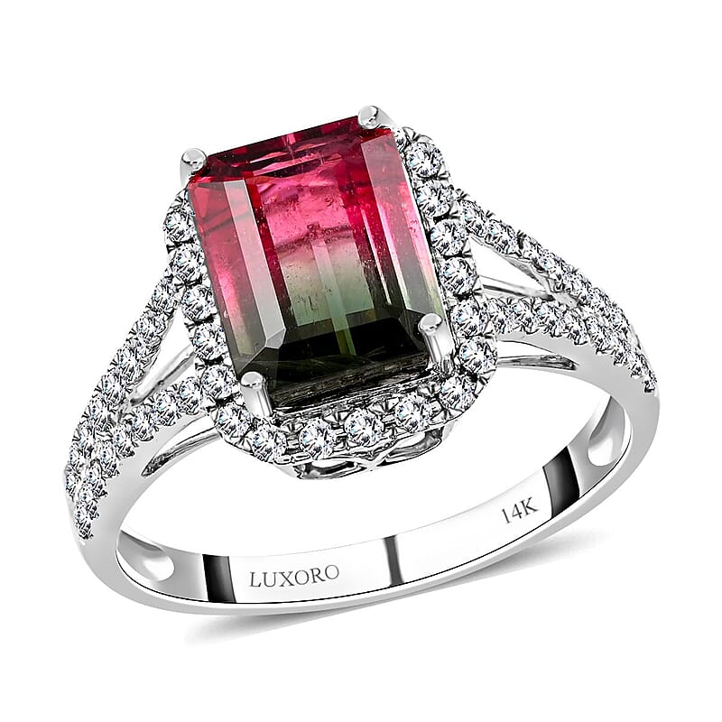 Certified & Appraised Luxoro 14K White Gold AAA Bi-Color Tourmaline and G-H I2 Diamond Split Shank Ring (Size 7.0) 3.70 ctw