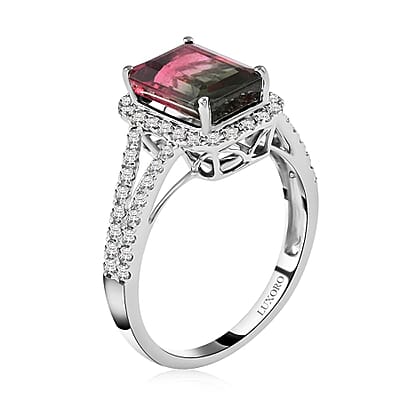 Certified & Appraised Luxoro 14K White Gold AAA Bi-Color Tourmaline and G-H I2 Diamond Split Shank Ring (Size 7.0) 3.70 ctw