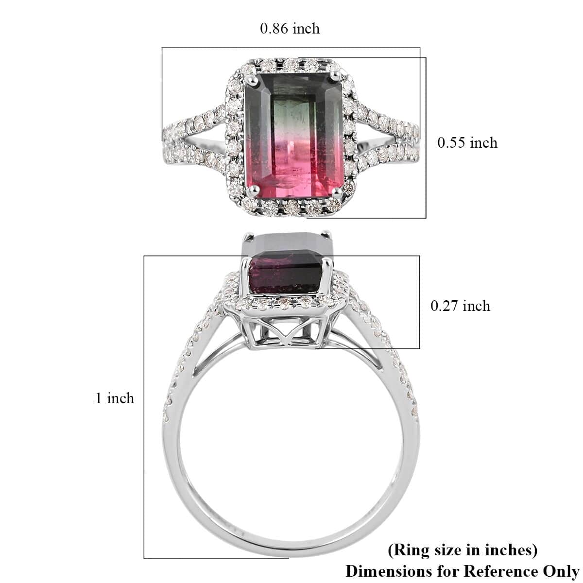 Certified Luxoro 14K White Gold AAA Bi-Color Tourmaline and G-H I2 Diamond Split Shank Ring (Size 8.0) 3.70 ctw image number 5