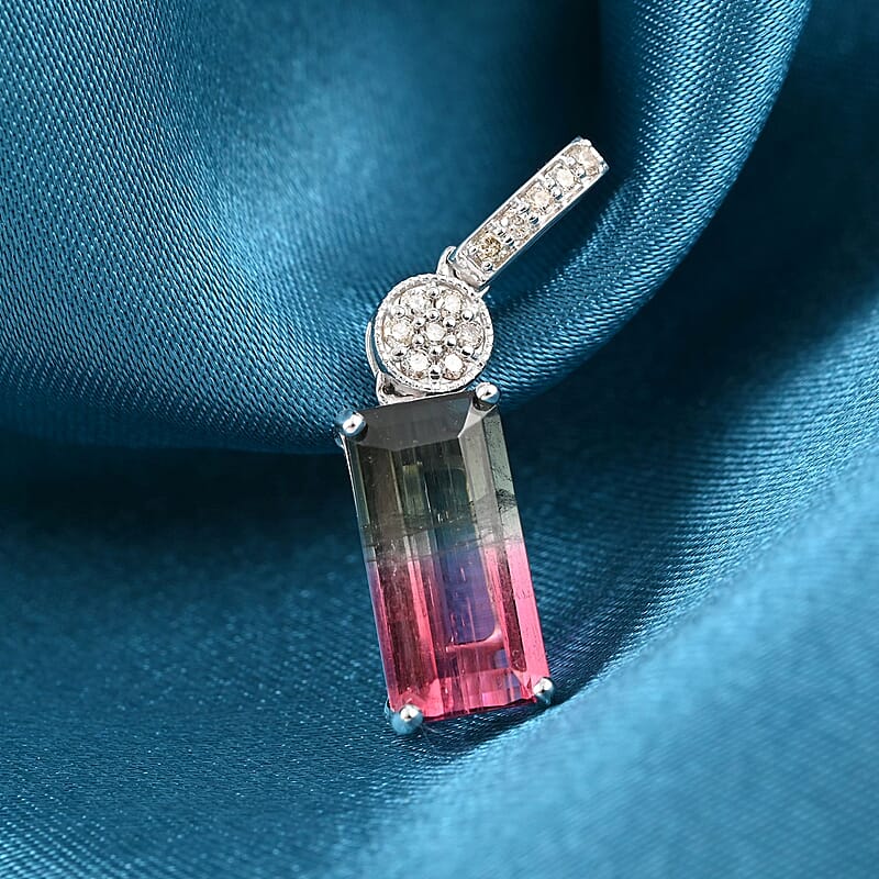 Certified Luxoro AAA Bi-Color Tourmaline and G-H I2 Diamond 3.66 ctw Pendant without Chain in 14K White Gold