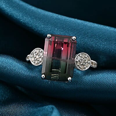Certified and Appraised Luxoro 14K White Gold AAA Bi-Color Tourmaline and G-H I2 Diamond Ring (Size 7.0) 4.69 ctw