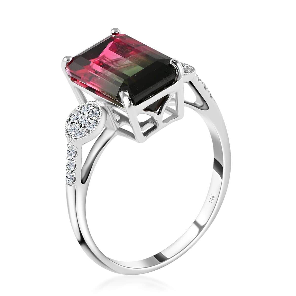 Certified Luxoro 14K White Gold AAA Bi-Color Tourmaline and G-H I2 Diamond Ring (Size 7.0) 2.85 Grams 4.69 ctw image number 3