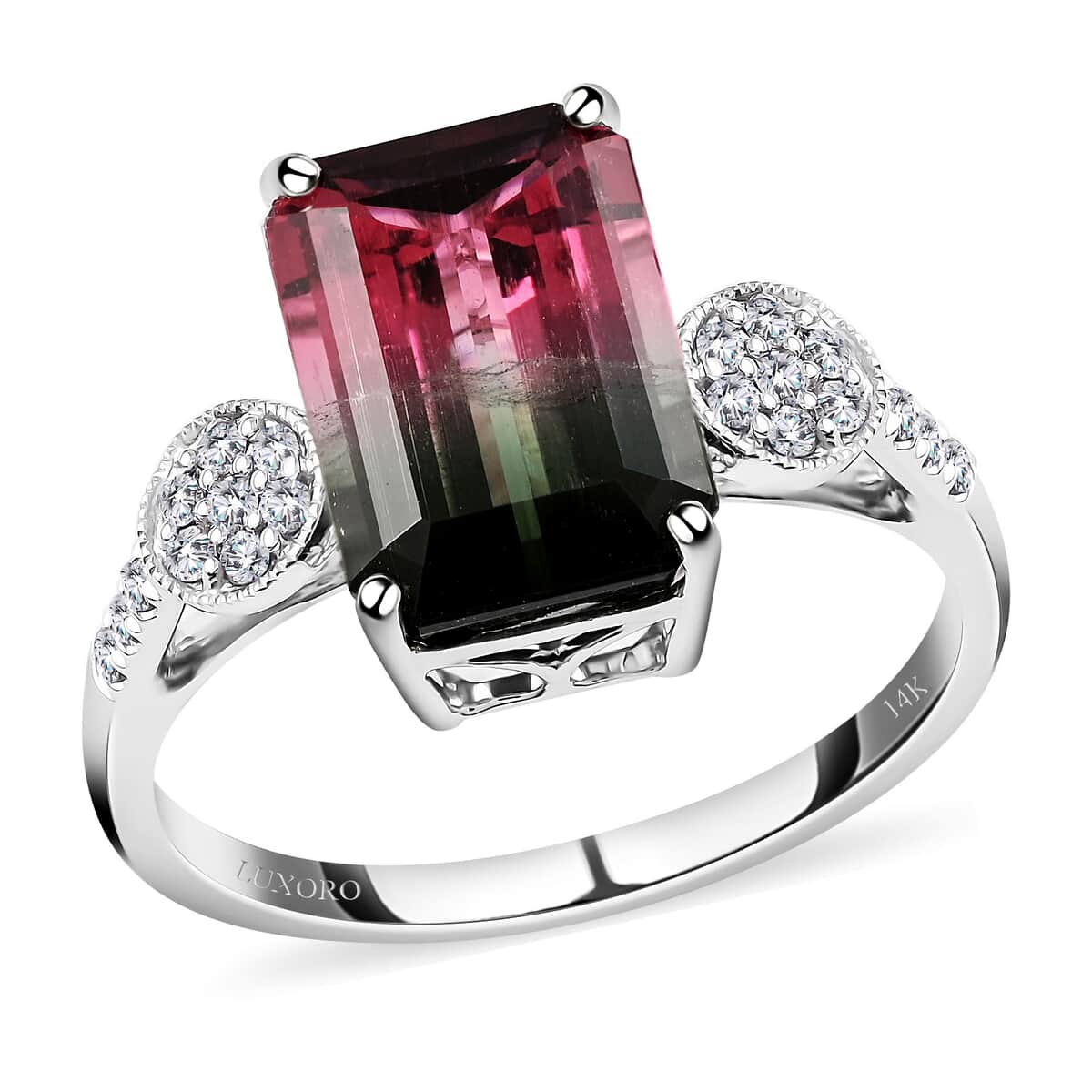 Certified Luxoro 14K White Gold AAA Bi-Color Tourmaline and G-H I2 Diamond Ring (Size 8.0) 4.69 ctw image number 0