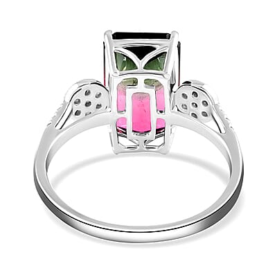 Certified Luxoro 14K White Gold AAA Bi-Color Tourmaline and G-H I2 Diamond Ring (Size 8.0) 4.69 ctw
