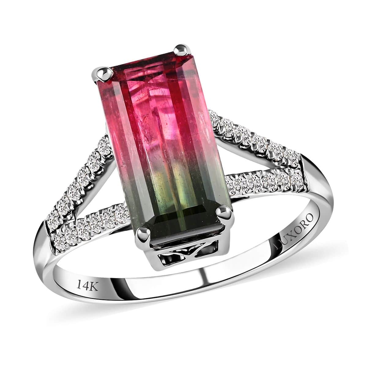 Certified Luxoro 14K White Gold AAA Bi-Color Tourmaline and G-H I2 Diamond Split Shank Ring (Size 8.0) 3.85 ctw image number 0