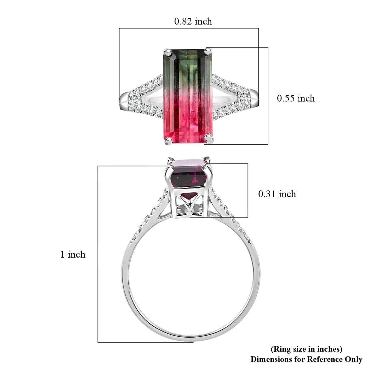 Certified Luxoro 14K White Gold AAA Bi-Color Tourmaline and G-H I2 Diamond Split Shank Ring (Size 8.0) 3.85 ctw image number 5