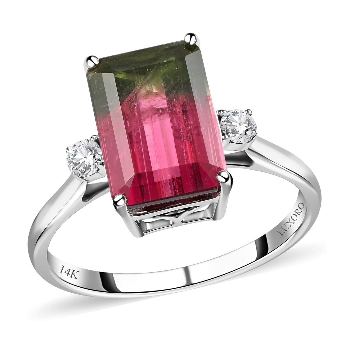Certified and Appraised LUXORO 14K White Gold AAA Bi-Color Tourmaline and G-H I2 Diamond Ring 2.55 Grams 4.61 ctw image number 0
