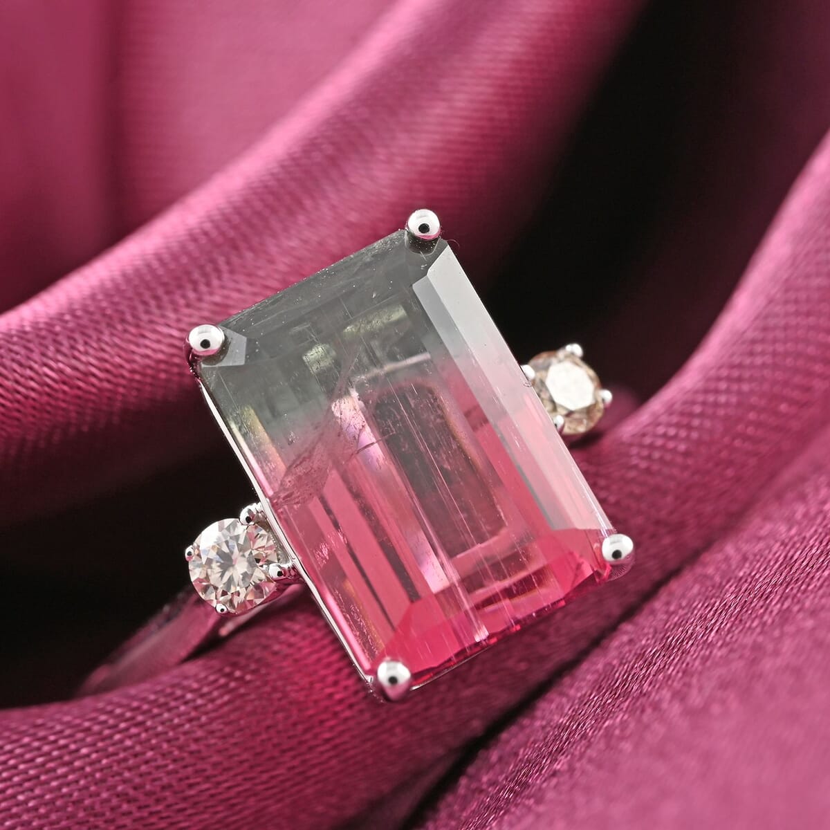 Certified and Appraised LUXORO 14K White Gold AAA Bi-Color Tourmaline and G-H I2 Diamond Ring 2.55 Grams 4.61 ctw image number 1