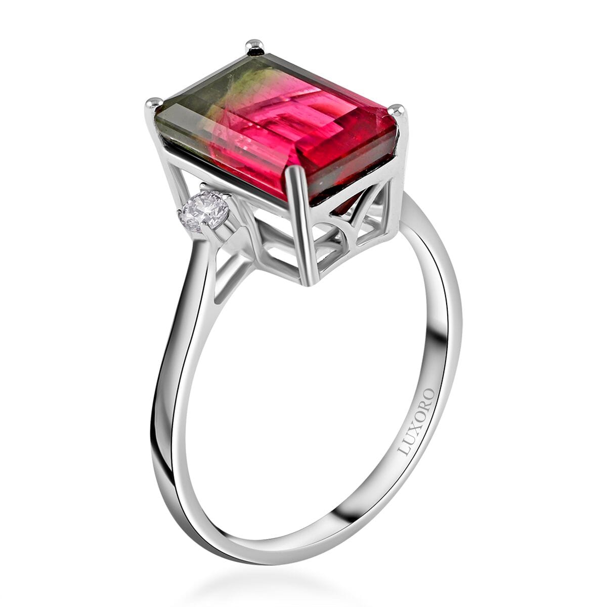 Certified and Appraised LUXORO 14K White Gold AAA Bi-Color Tourmaline and G-H I2 Diamond Ring 2.55 Grams 4.61 ctw image number 3
