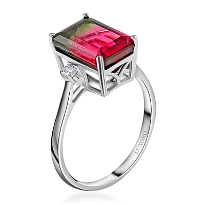 Certified Luxoro 14K White Gold AAA Bi-Color Tourmaline and G-H I2 Diamond Ring (Size 7.0) 4.61 ctw