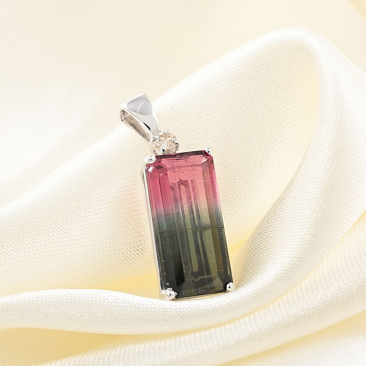 Certified and Appraised Luxoro 14K White Gold AAA Bi-Color Tourmaline and G-H I2 Diamond Pendant 4.78 ctw image number 1