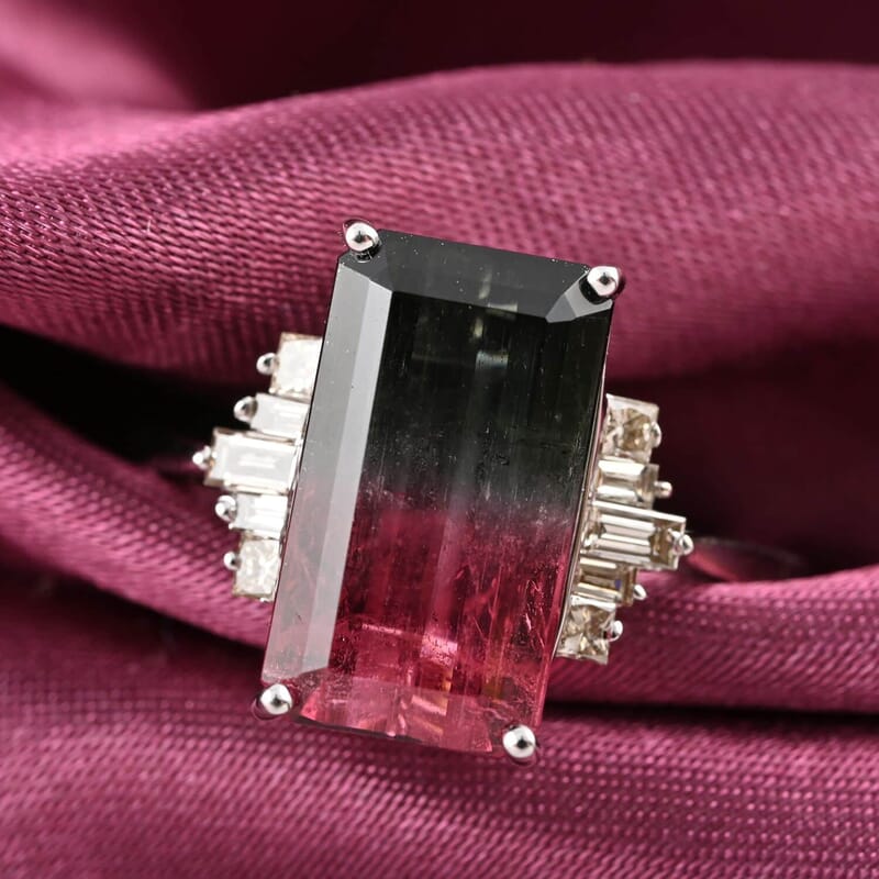 Certified Luxoro 14K White Gold AAA Bi-Color Tourmaline and G-H I2 Diamond Ring (Size 7.0) 5.95 ctw
