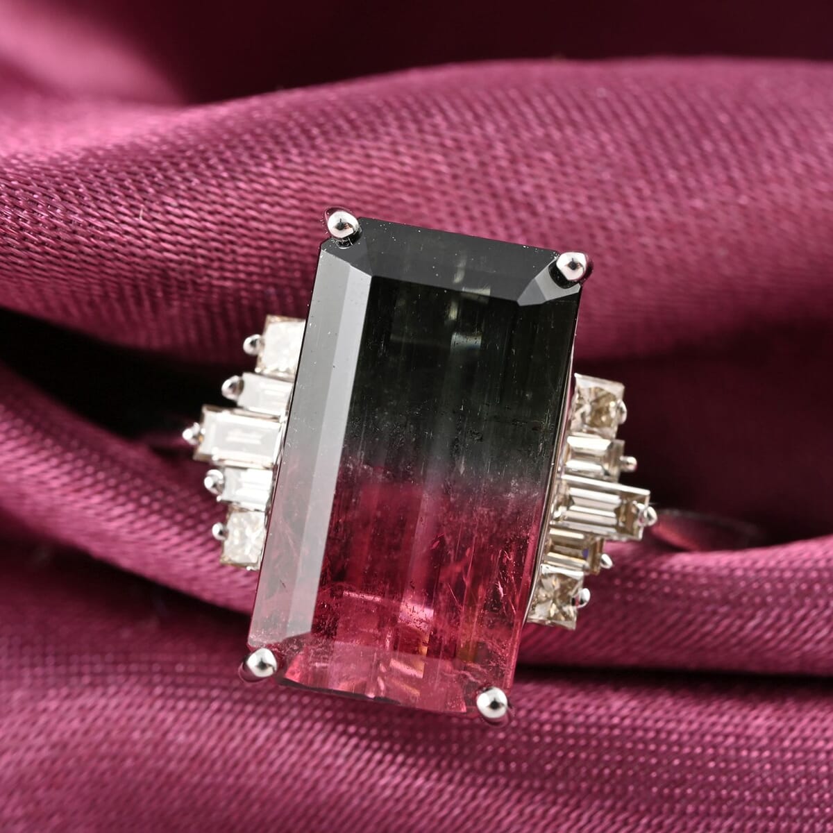 Certified Luxoro 14K White Gold AAA Bi-Color Tourmaline and G-H I2 Diamond Ring (Size 8.0) 5.95 ctw image number 1