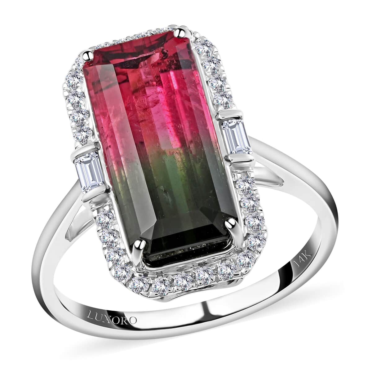 Certified Luxoro 14K White Gold AAA Bi-Color Tourmaline and G-H I2 Diamond Ring (Size 8.0) 3.80 Grams 2.80 ctw image number 0
