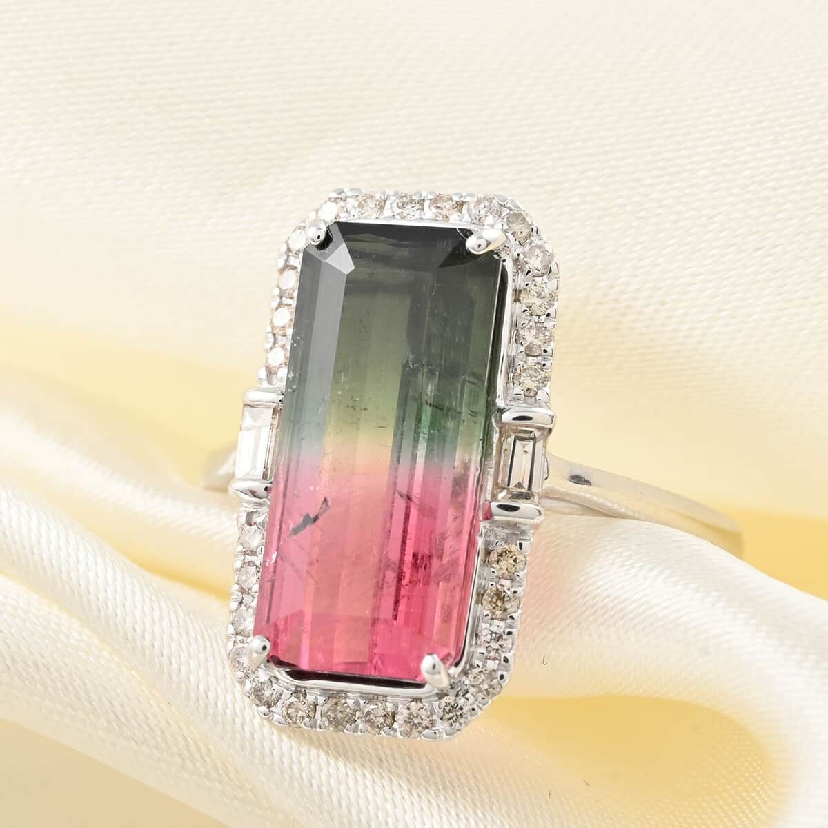 Certified Luxoro 14K White Gold AAA Bi-Color Tourmaline and G-H I2 Diamond Ring (Size 8.0) 3.80 Grams 2.80 ctw image number 1