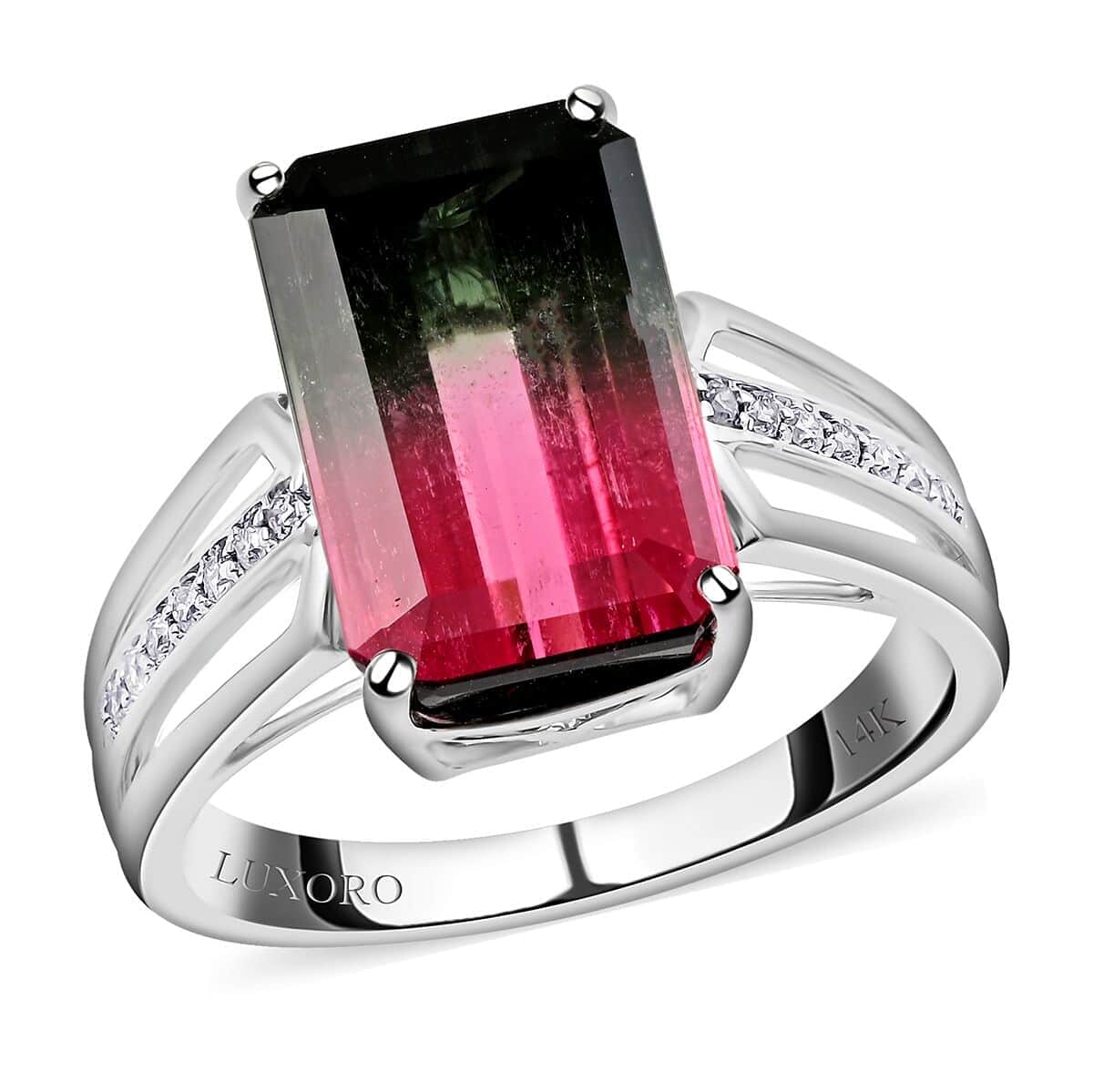 Certified & Appraised Luxoro AAA Bi-Color Tourmaline and G-H I2 Diamond 6.76 ctw Ring in 14K White Gold (Size 7.0)  image number 0