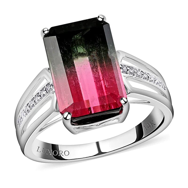 Certified & Appraised Luxoro AAA Bi-Color Tourmaline and G-H I2 Diamond 6.76 ctw Ring in 14K White Gold (Size 7.0) 