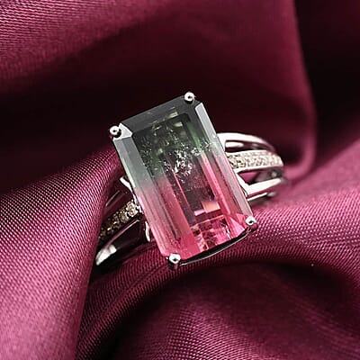 Certified & Appraised Luxoro AAA Bi-Color Tourmaline and G-H I2 Diamond 6.76 ctw Ring in 14K White Gold (Size 7.0) 