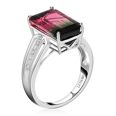 Certified & Appraised Luxoro AAA Bi-Color Tourmaline and G-H I2 Diamond 6.76 ctw Ring in 14K White Gold (Size 7.0) 