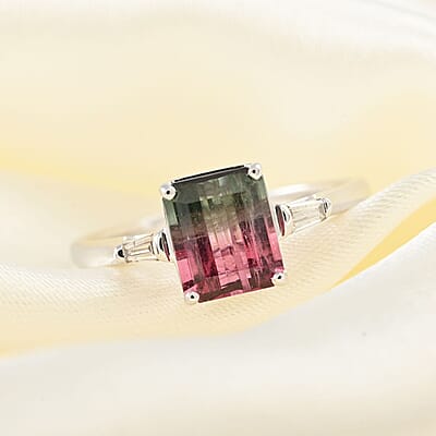 Certified Luxoro 14K White Gold AAA Bi-Color Tourmaline and G-H I2 Diamond Ring (Size 10.0) 1.59 ctw
