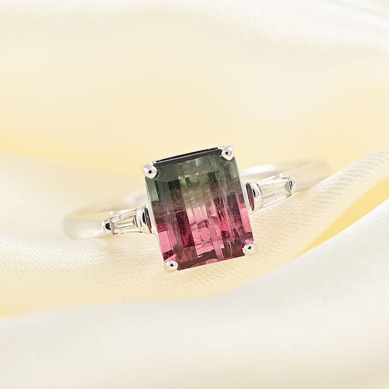 Certified Luxoro 14K White Gold AAA Bi-Color Tourmaline and G-H I2 Diamond Ring (Size 10.0) 1.59 ctw