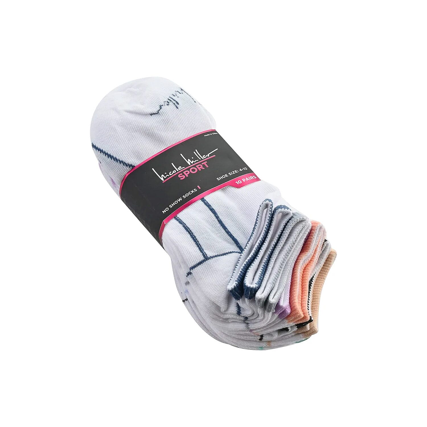 Nicole Miller 10 Pairs No Show Socks (Sizes 4-10) - White/Multi