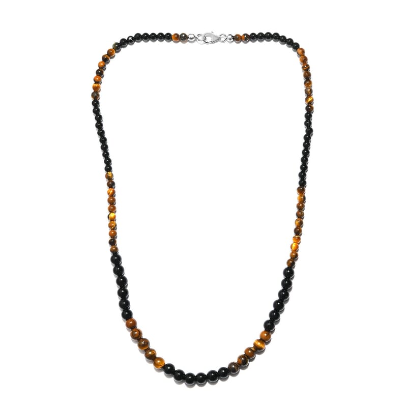 Tiger's Eye and Black Agate Beaded Necklace 20 Inches in Sterling Silver 97.25 ctw