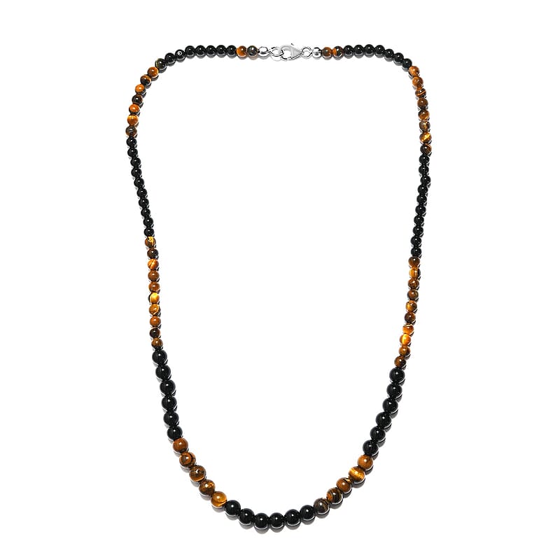 Tiger's Eye and Black Agate Beaded Necklace 20 Inches in Sterling Silver 97.25 ctw