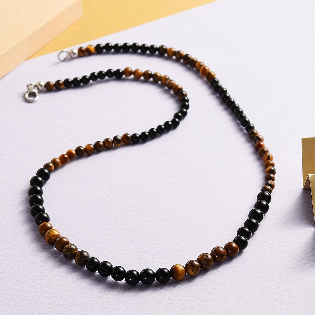 Tiger's Eye and Black Agate Beaded Necklace 20 Inches in Sterling Silver 97.25 ctw image number 1