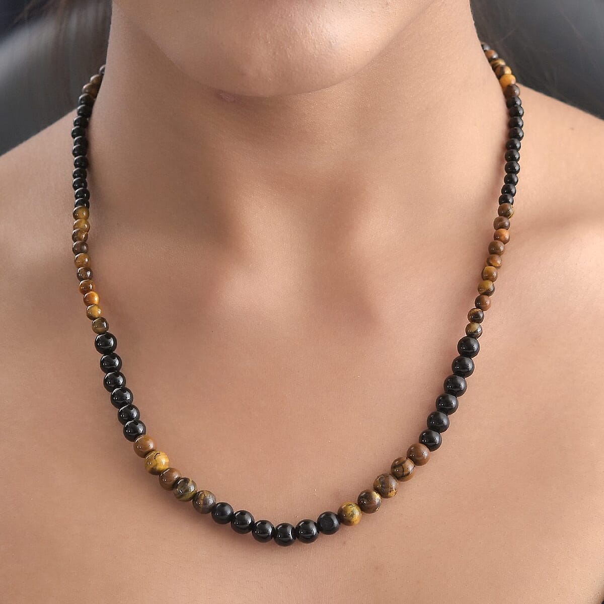 Tiger's Eye and Black Agate Beaded Necklace 20 Inches in Sterling Silver 97.25 ctw image number 2