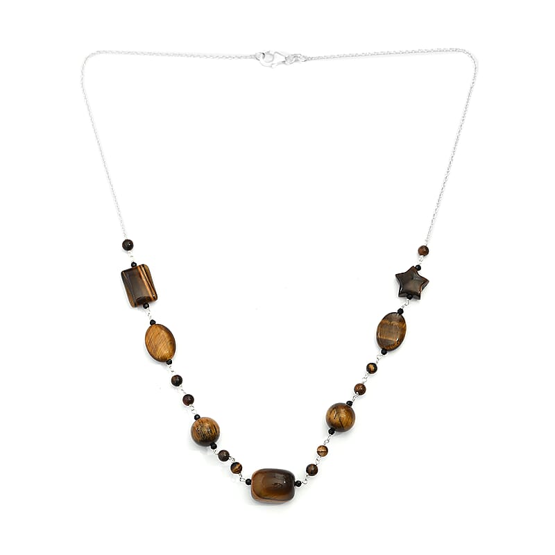 Tiger's Eye and Thai Black Spinel Station Necklace 20 Inches in Sterling Silver 78.90 ctw