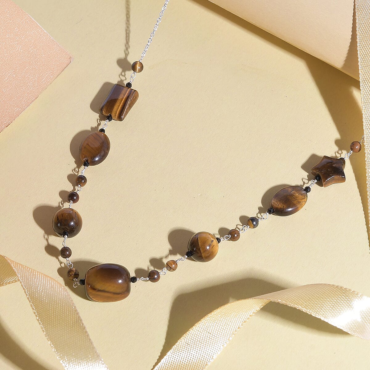 Tiger's Eye and Thai Black Spinel Station Necklace 20 Inches in Sterling Silver 78.90 ctw image number 1