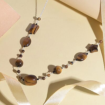 Tiger's Eye and Thai Black Spinel Station Necklace 20 Inches in Sterling Silver 78.90 ctw