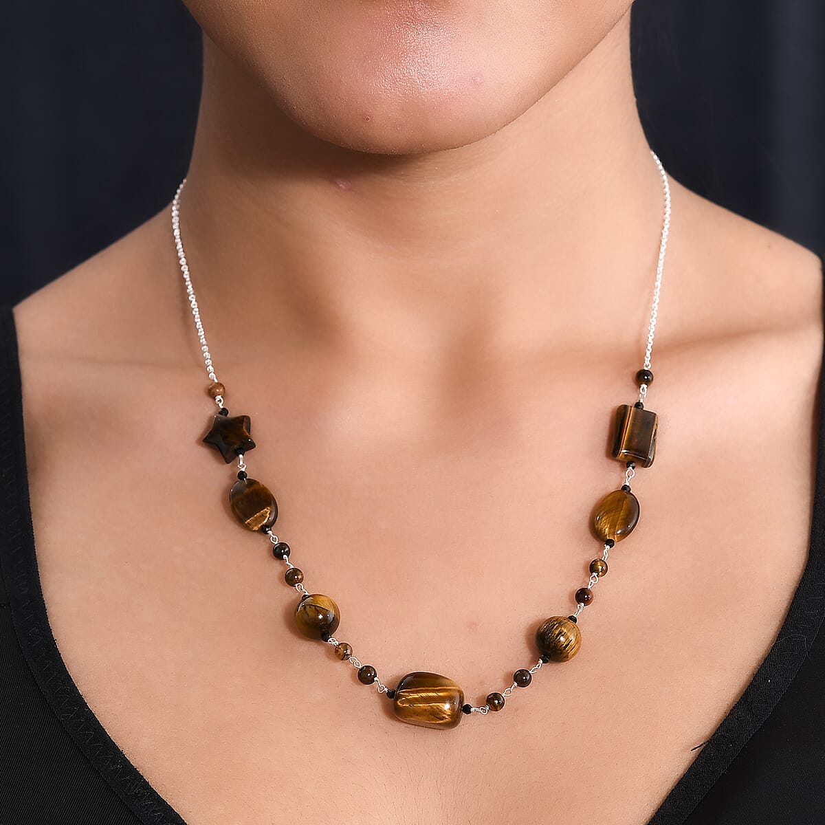 Tiger's Eye and Thai Black Spinel Station Necklace 20 Inches in Sterling Silver 78.90 ctw image number 2