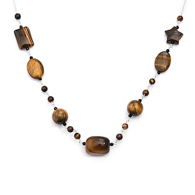 Tiger's Eye and Thai Black Spinel Station Necklace 20 Inches in Sterling Silver 78.90 ctw