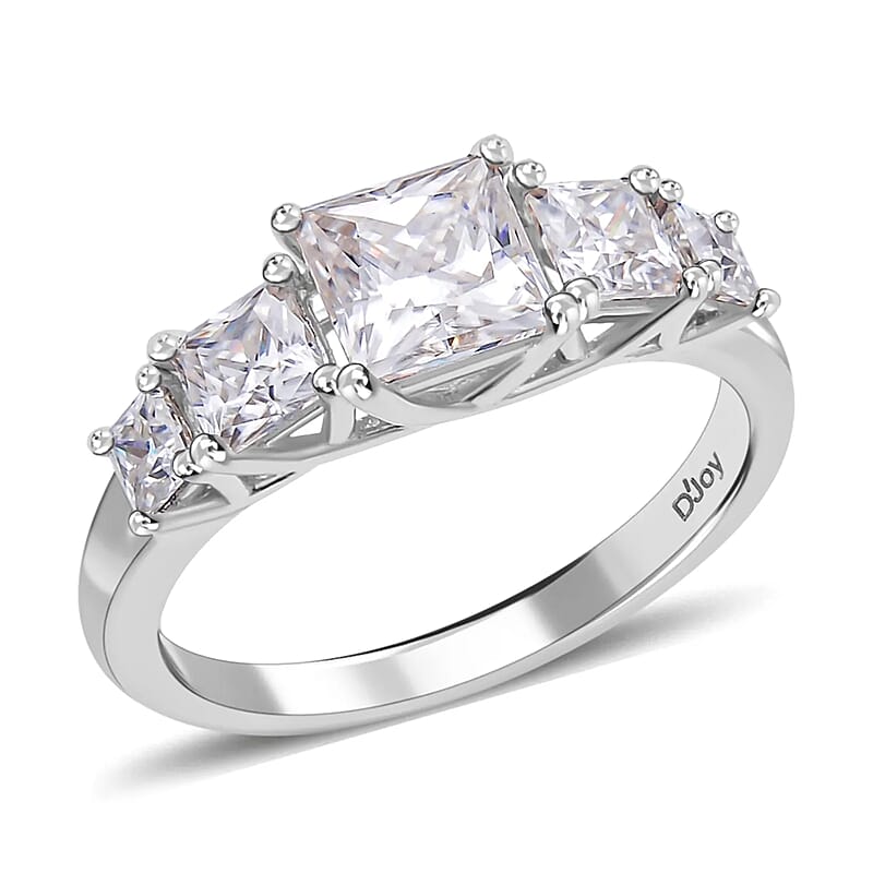 Princess Cut Moissanite 5 Stone Ring in Rhodium Over Sterling Silver, Sterling Silver Ring, Moissanite Ring, Princess Cut Gemstone Ring 2.15 ctw