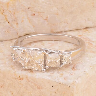 Princess Cut Moissanite 5 Stone Ring in Rhodium Over Sterling Silver, Sterling Silver Ring, Moissanite Ring, Princess Cut Gemstone Ring 2.15 ctw