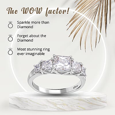 Princess Cut Moissanite 5 Stone Ring in Rhodium Over Sterling Silver, Sterling Silver Ring, Moissanite Ring, Princess Cut Gemstone Ring 2.15 ctw