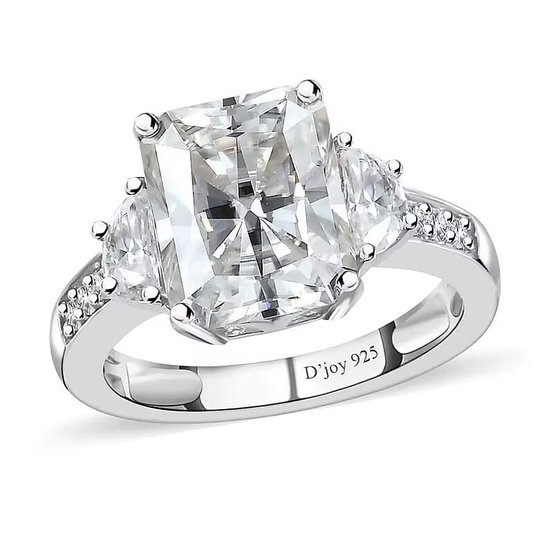 Radiant Cut Moissanite 3.90 ctw Ring , Moissanite Deco Ring , Rhodium Over Sterling Silver Ring , Promise Ring (Size 10.0)