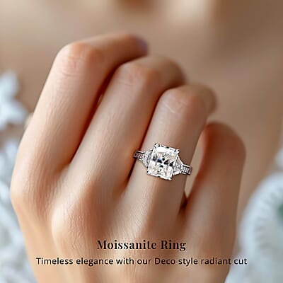 Radiant Cut Moissanite 3.90 ctw Ring , Moissanite Deco Ring , Rhodium Over Sterling Silver Ring , Promise Ring (Size 10.0)