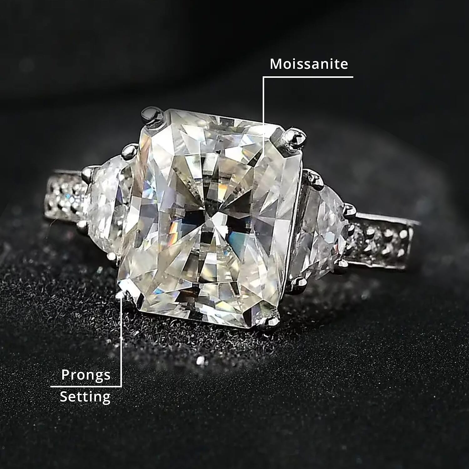 Radiant Cut Moissanite 3.90 ctw Ring , Moissanite Deco Ring , Rhodium Over Sterling Silver Ring , Promise Ring (Size 10.0)