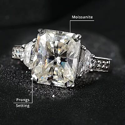 Radiant Cut Moissanite 3.90 ctw Ring , Moissanite Deco Ring , Rhodium Over Sterling Silver Ring , Promise Ring (Size 10.0)