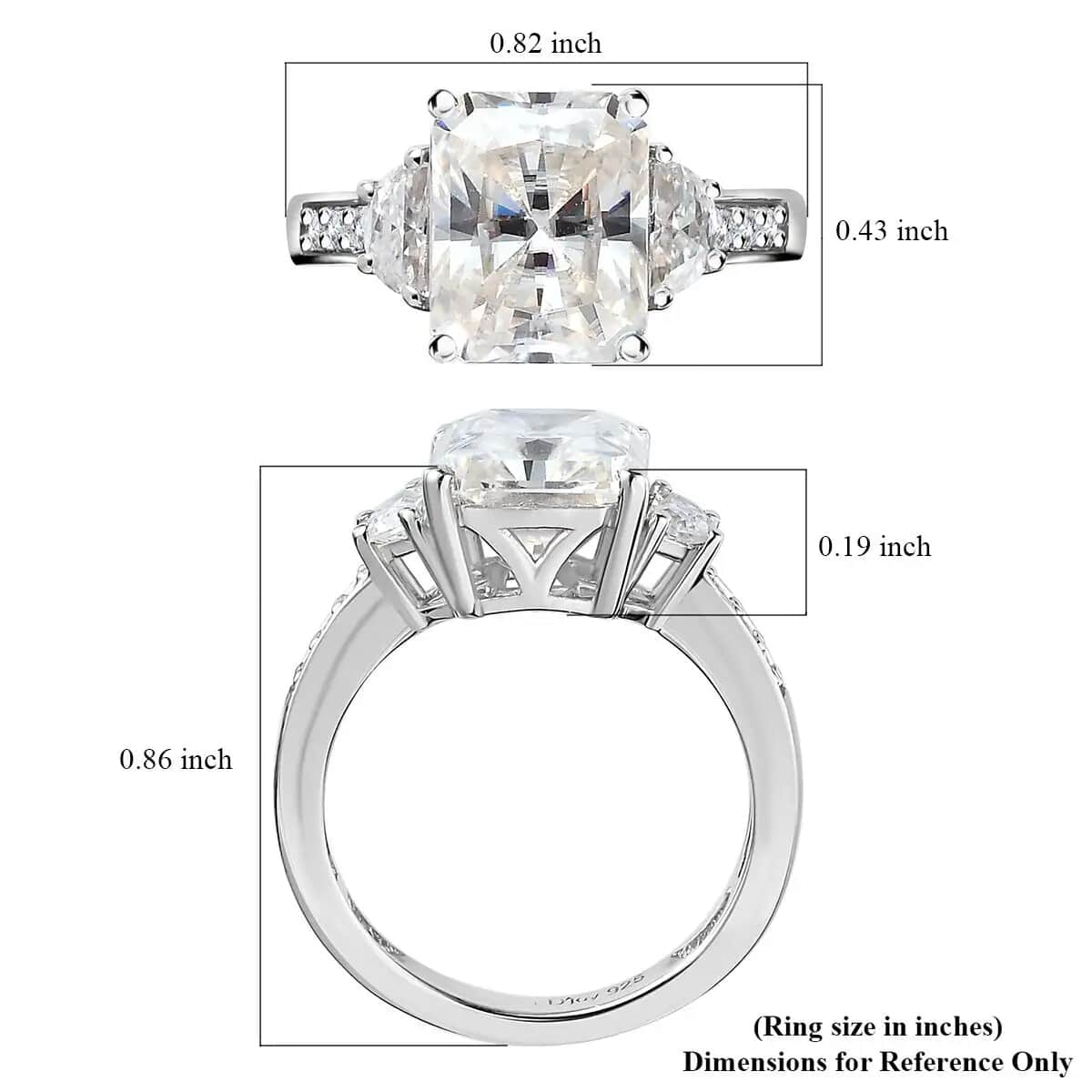 Radiant Cut Moissanite (Oct 10x8mm) Ring in Rhodium Over Sterling Silver (Size 10.0) 3.90 ctw image number 6