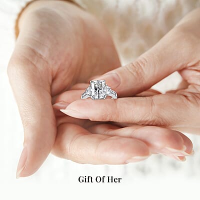 Radiant Cut Moissanite 3.90 ctw Ring , Moissanite Deco Ring , Rhodium Over Sterling Silver Ring , Promise Ring (Size 10.0)